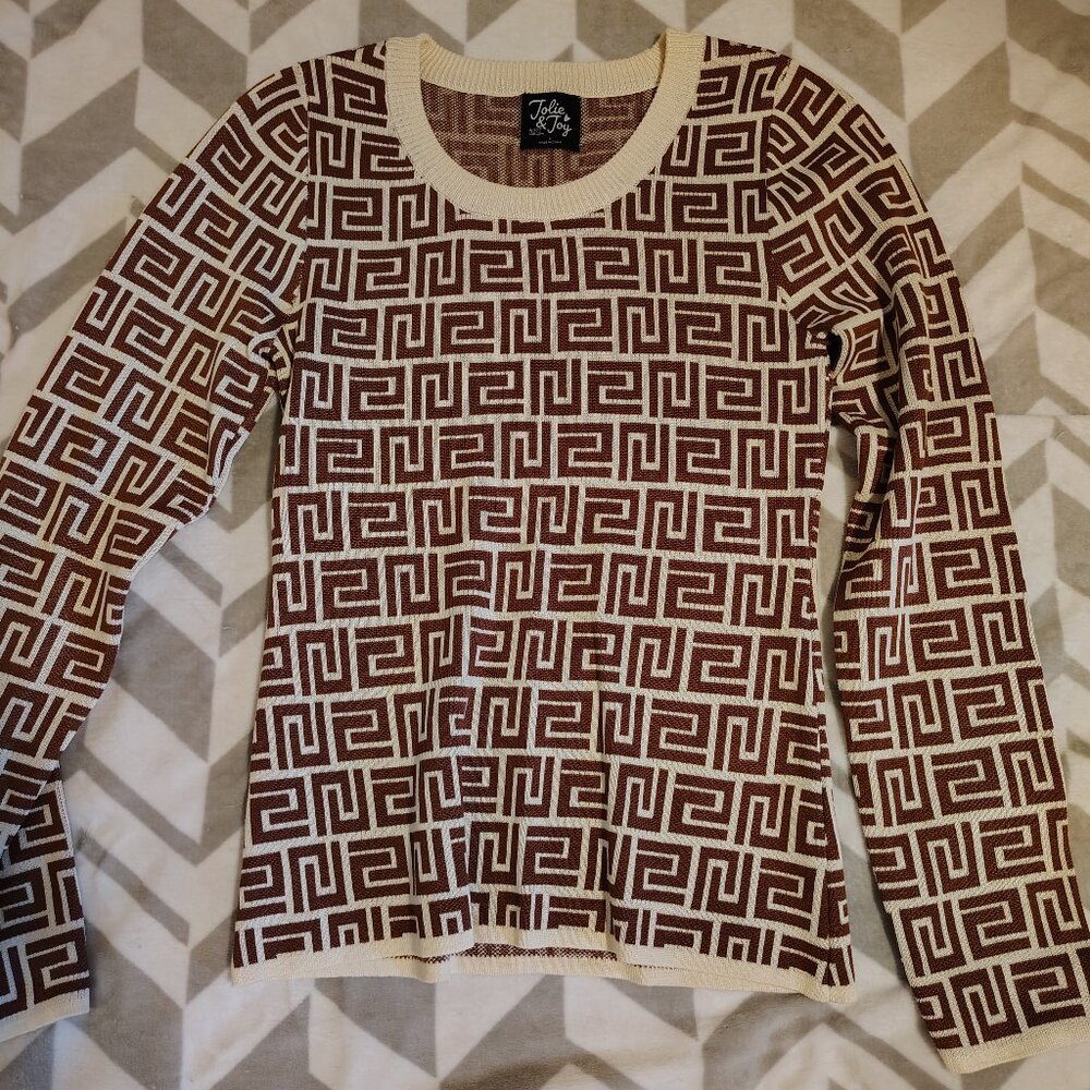 Joie & Joy Brown and Cream Geometric Crew Neck Sweater size L